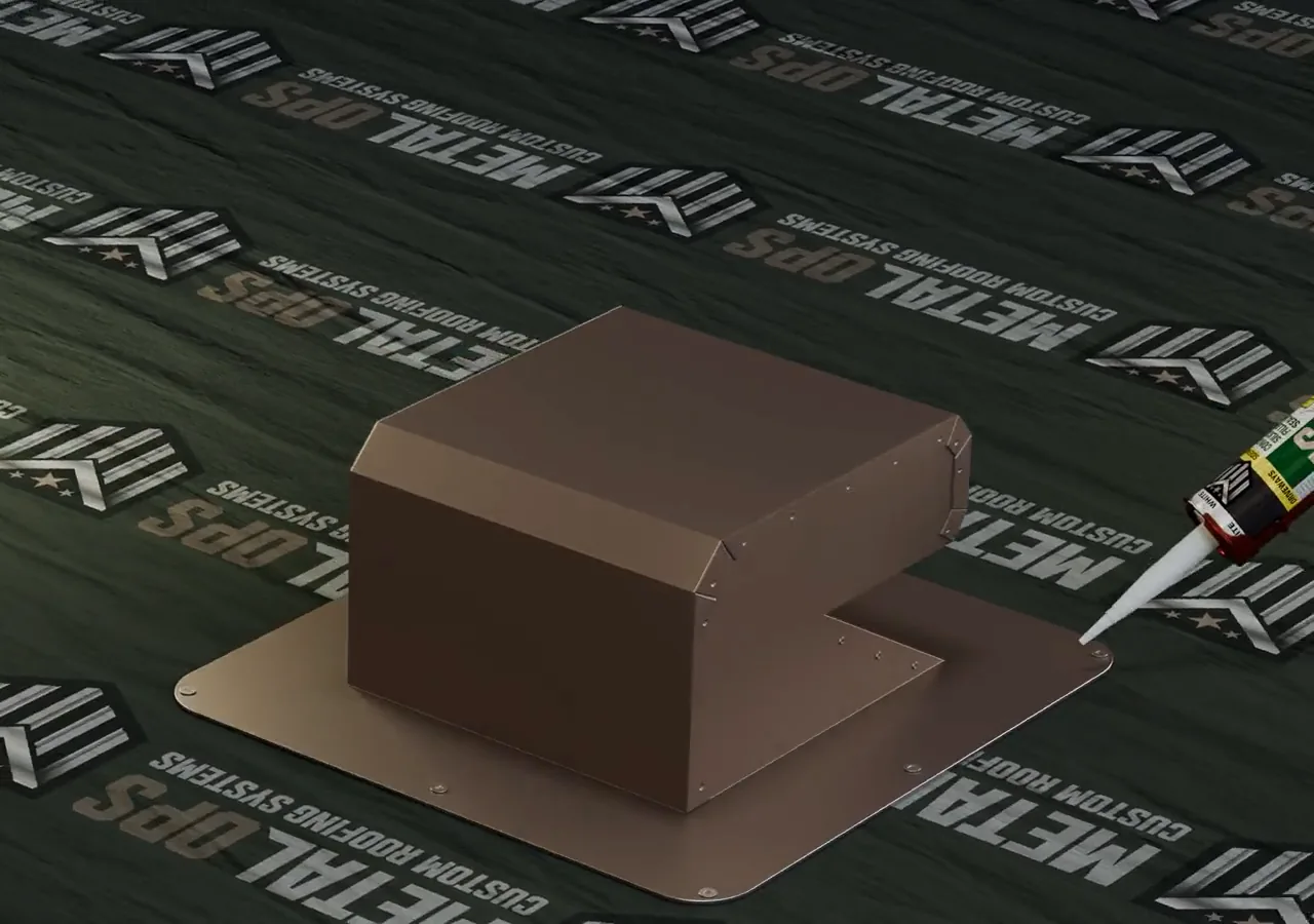 A 3D render of a brown roof vent sitting on underlayment carrying the Metal Ops logo