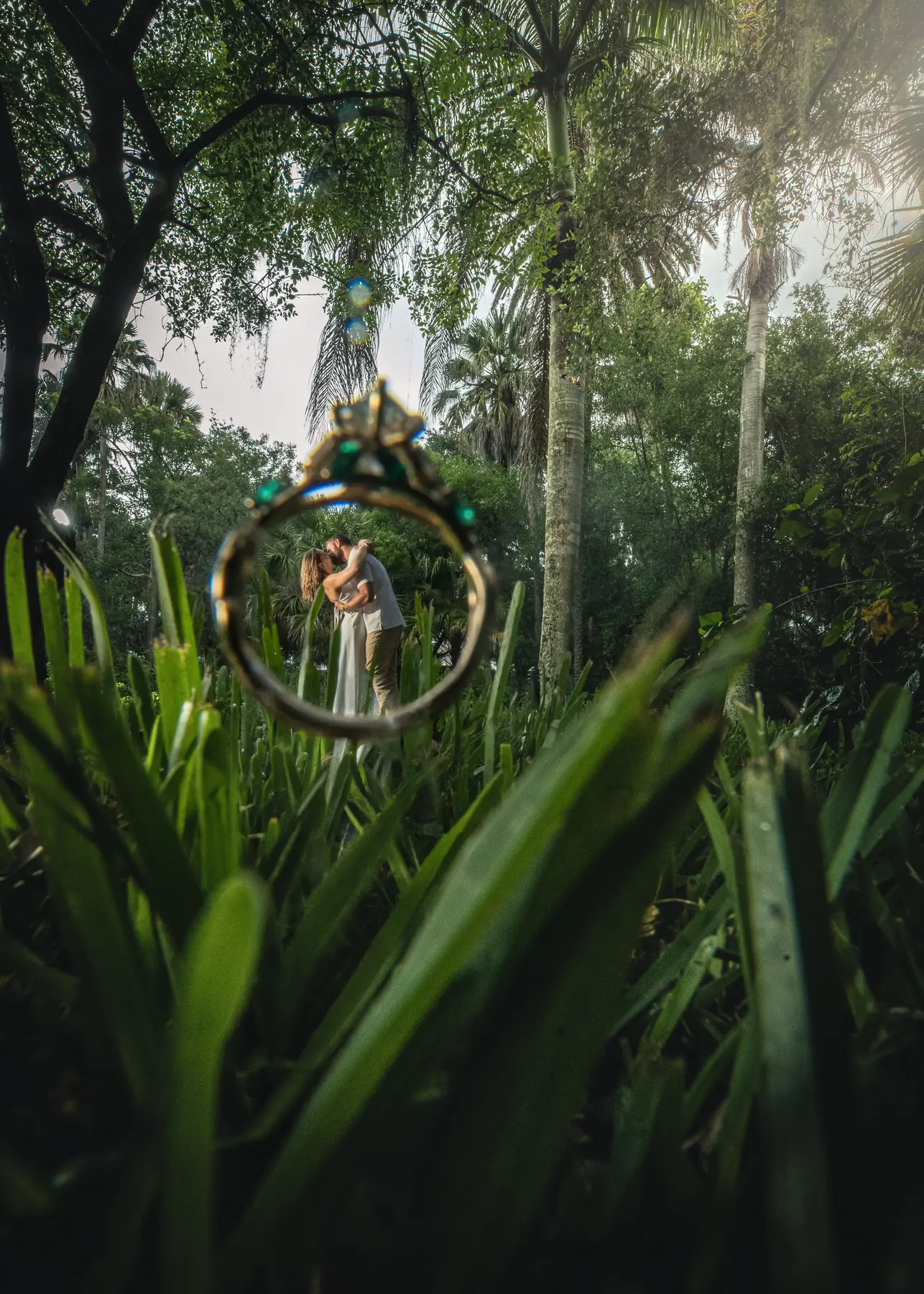 A couple seen through a ring held up in front of the lens, surrounded by jungle greenery